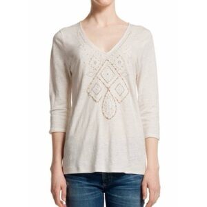 Calypso St Barth Cream Linen Embroidered Beaded Blouse Top 3/4 Sleeve size Small